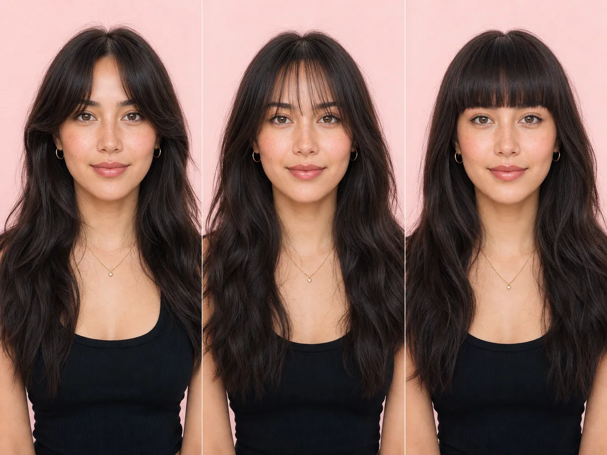 AI comparison of curtain, wispy, and blunt bangs on the same synthetic model