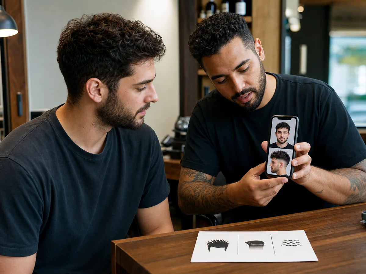 AI haircut reference discussed with a barber beside visual cues for length, fade, and texture