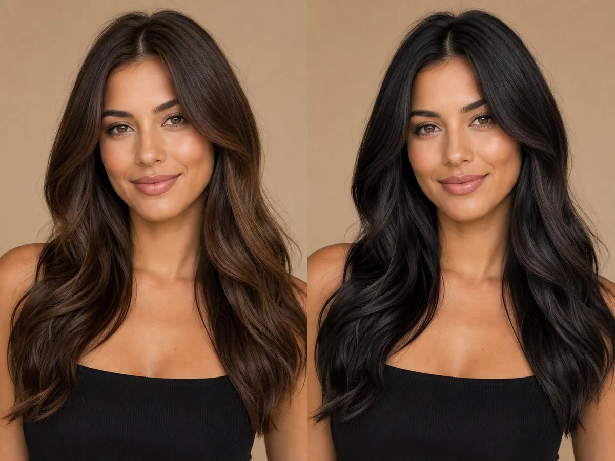 AI preview showing a soft black hair color while preserving the original face