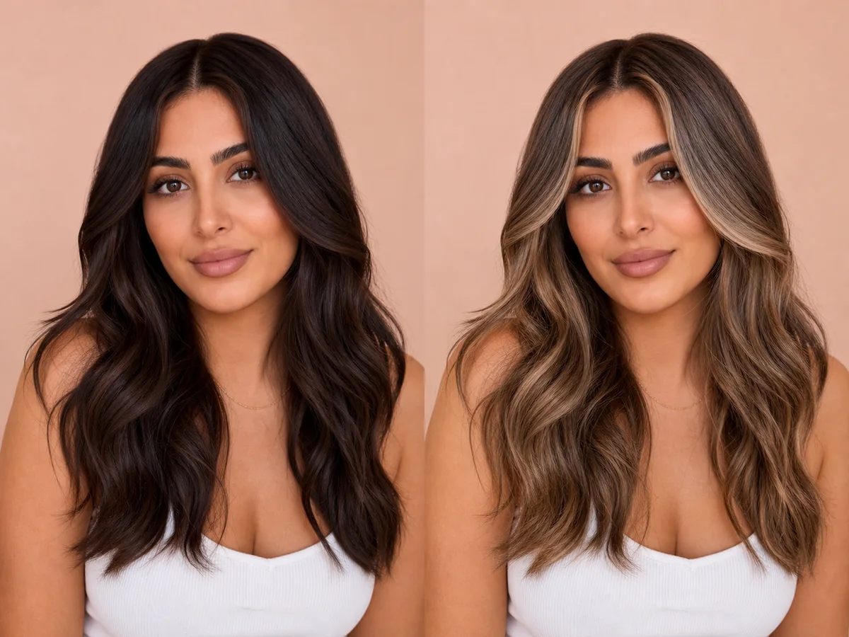 AI preview of the same person before and after trying a natural blonde hair color