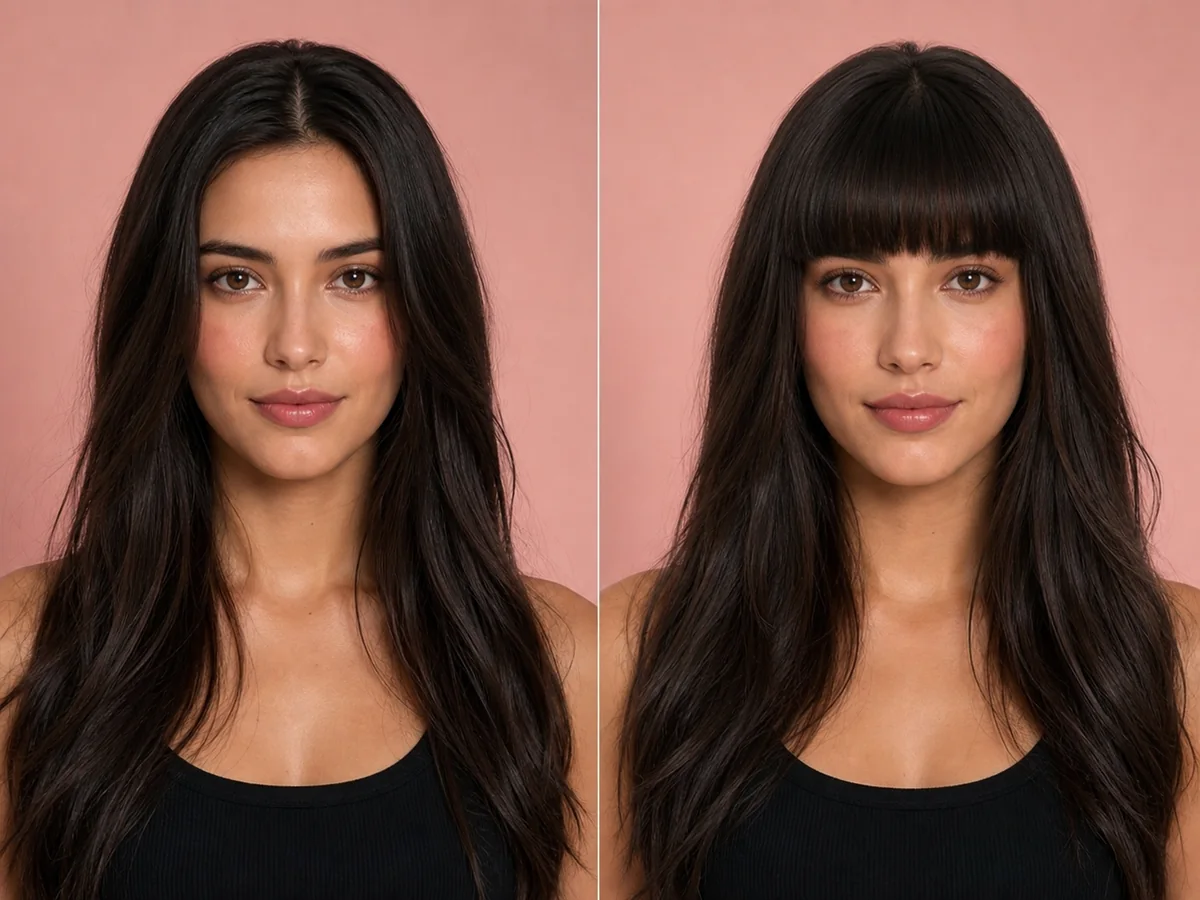 AI preview comparing the same person without and with full blunt bangs