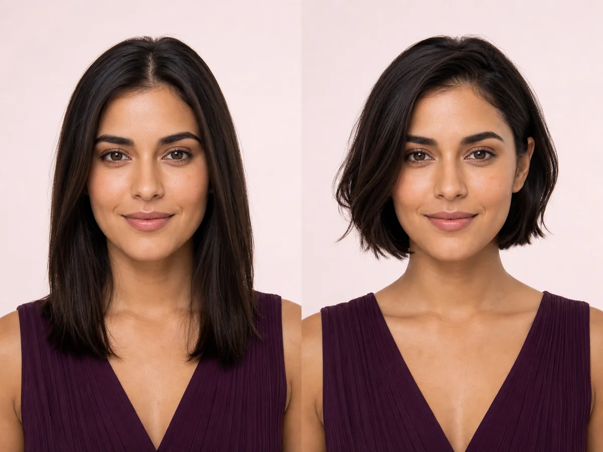 AI preview of the same person before and after trying a chin-length bob haircut
