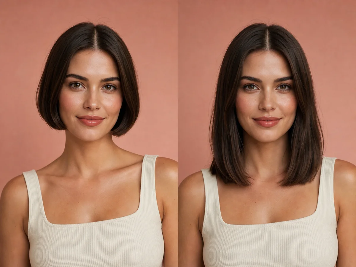 AI comparison of chin-length bob and collarbone lob on the same model
