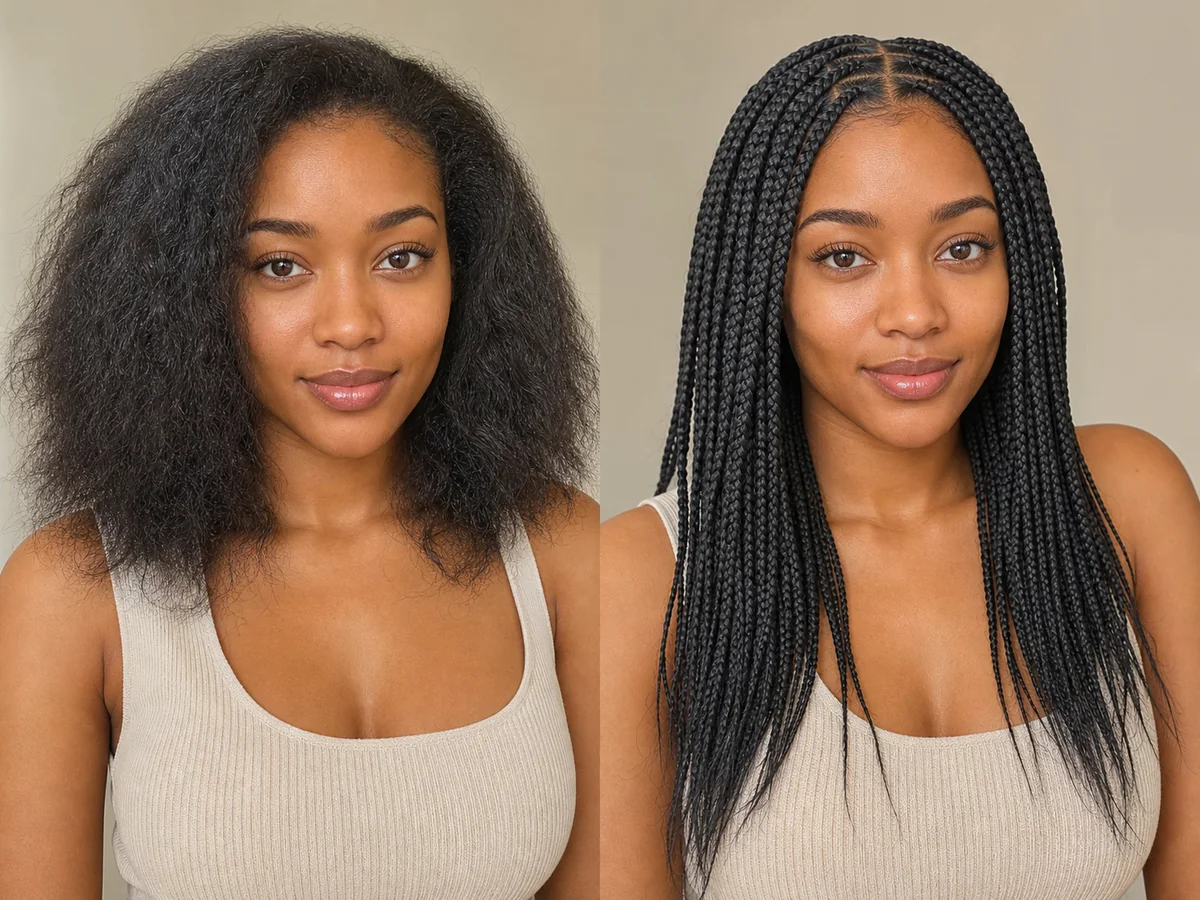 AI preview of a long braided hairstyle on the same synthetic model