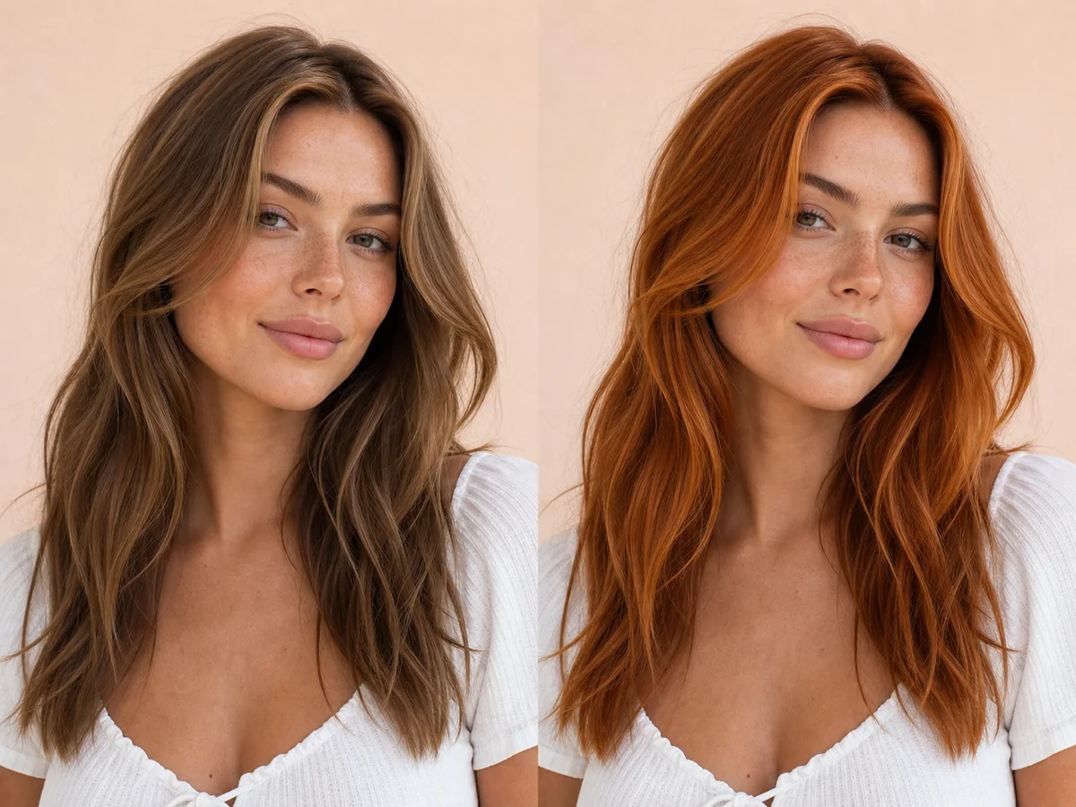 AI preview of luminous copper hair with a natural deeper root
