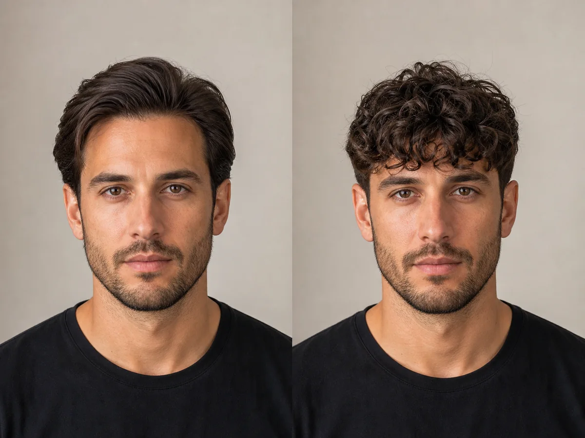 AI preview of a curly fringe haircut with controlled tapered sides