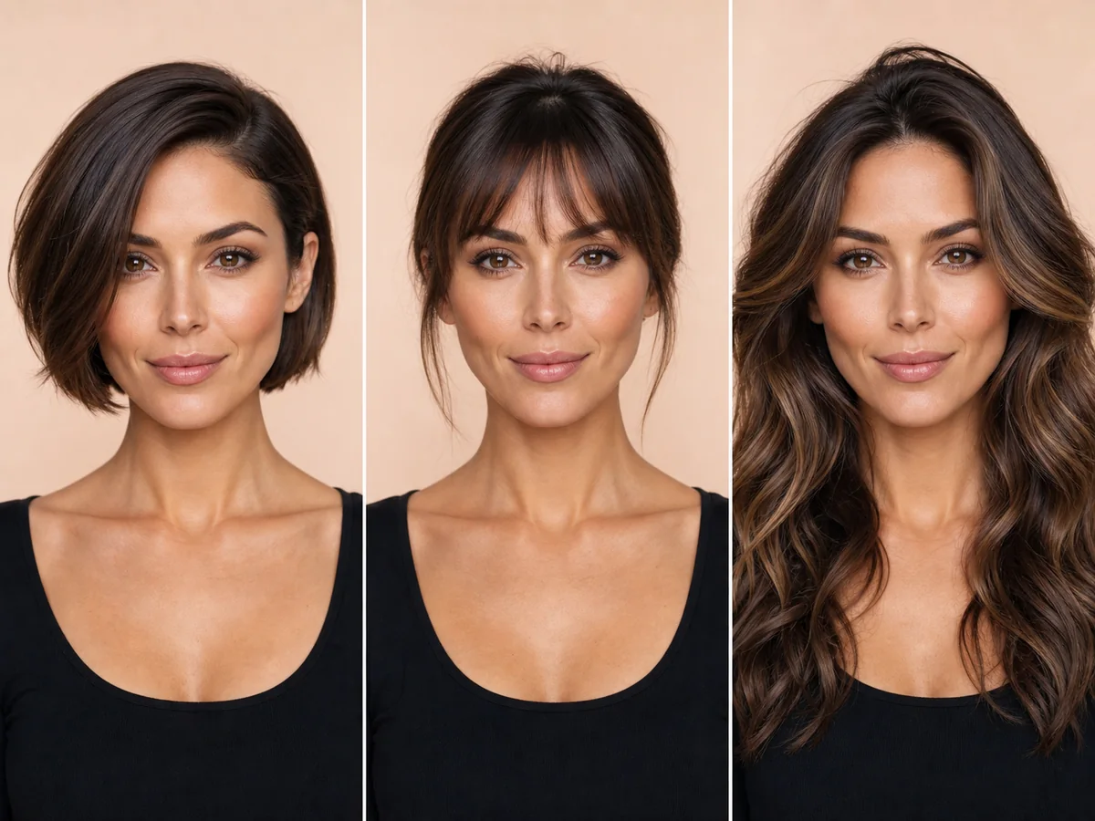 AI preview comparing bob, fringe, and wavy styles for a diamond face shape
