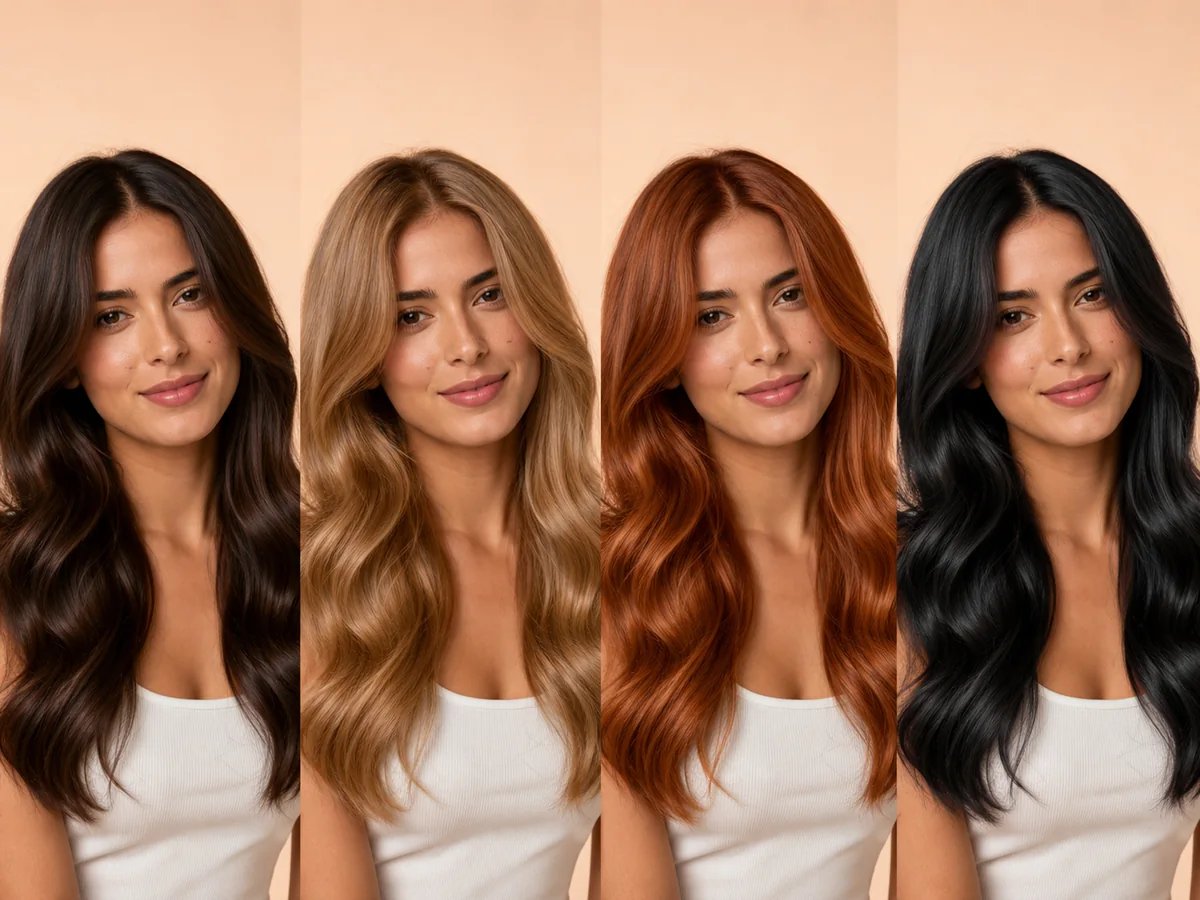 AI comparison of brunette, blonde, copper, and black hair on one synthetic person