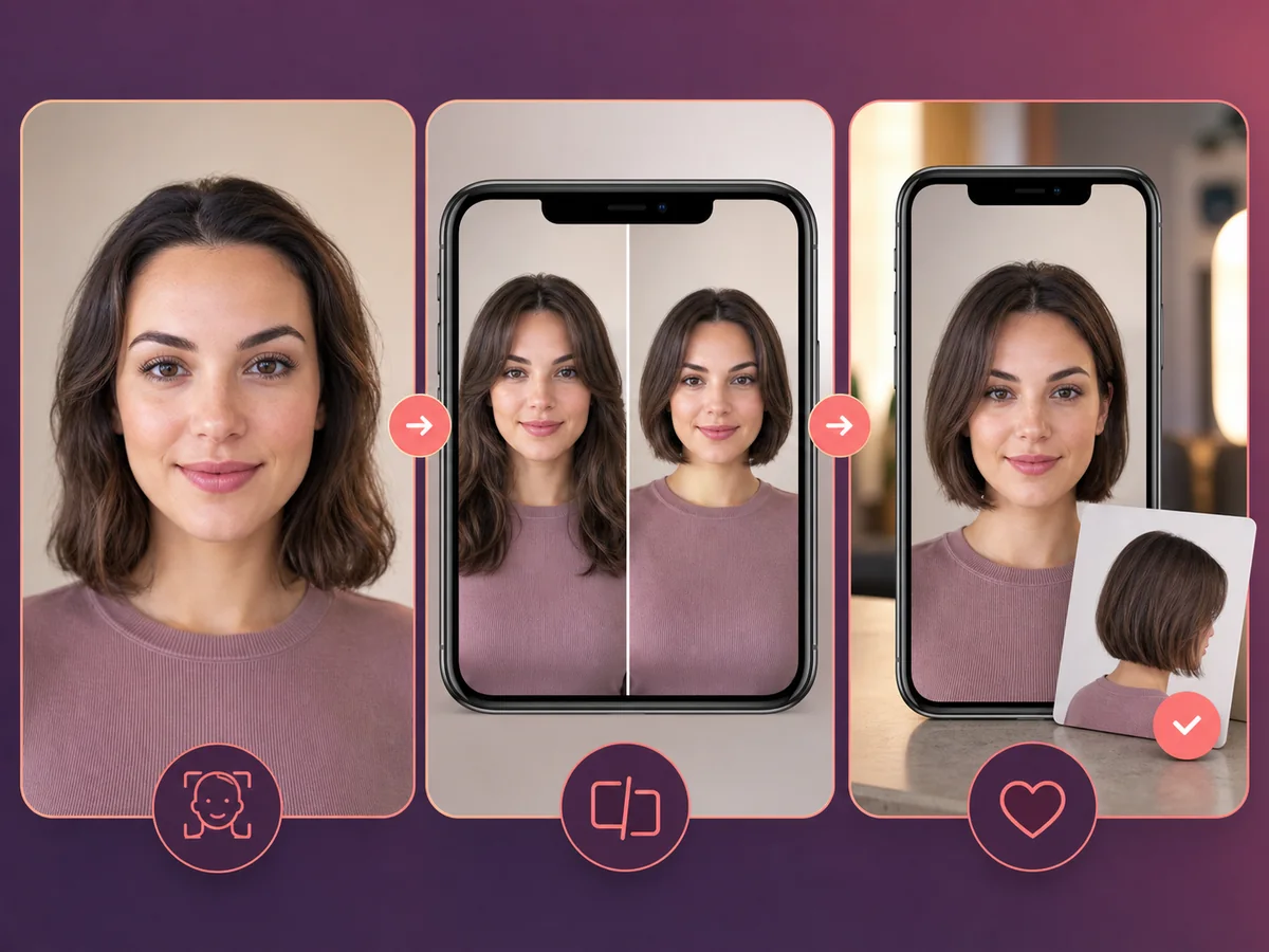 AI hairstyle guide illustrating a clear selfie, hairstyle comparison, and saved reference