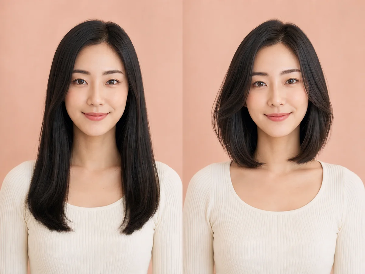 AI preview showing a collarbone-length long bob on the same person