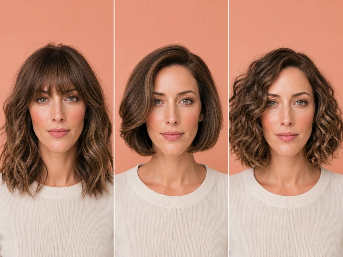 AI hairstyle previews showing fringe and side volume on a longer face shape