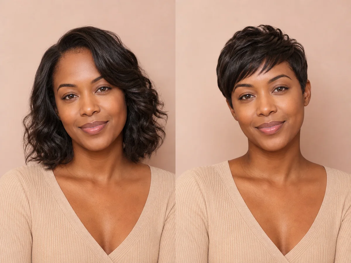 AI preview of a textured pixie cut while preserving the person’s facial identity