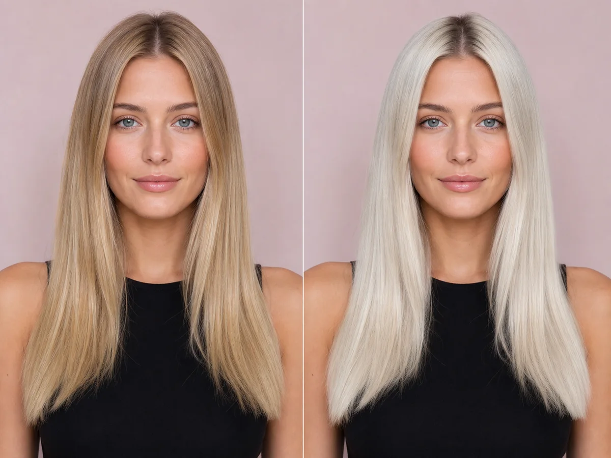 AI preview of rooted platinum blonde hair on the same synthetic model