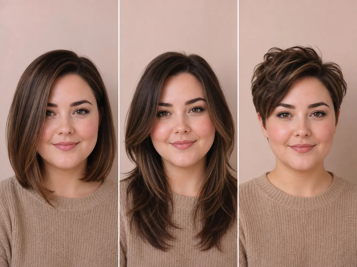 AI hairstyle comparisons for a synthetic model with a softly rounded face shape