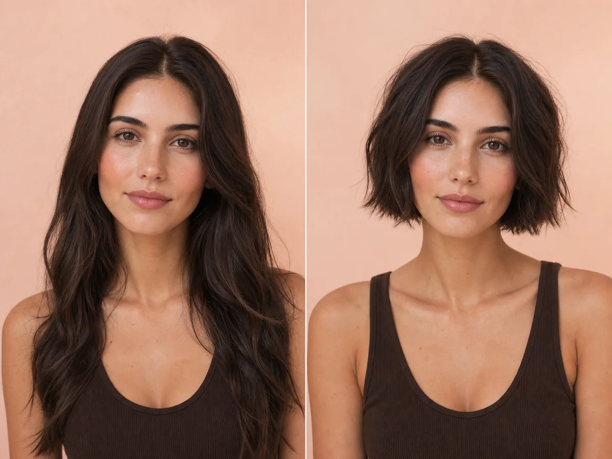 AI comparison of the same person with long hair and a short textured haircut