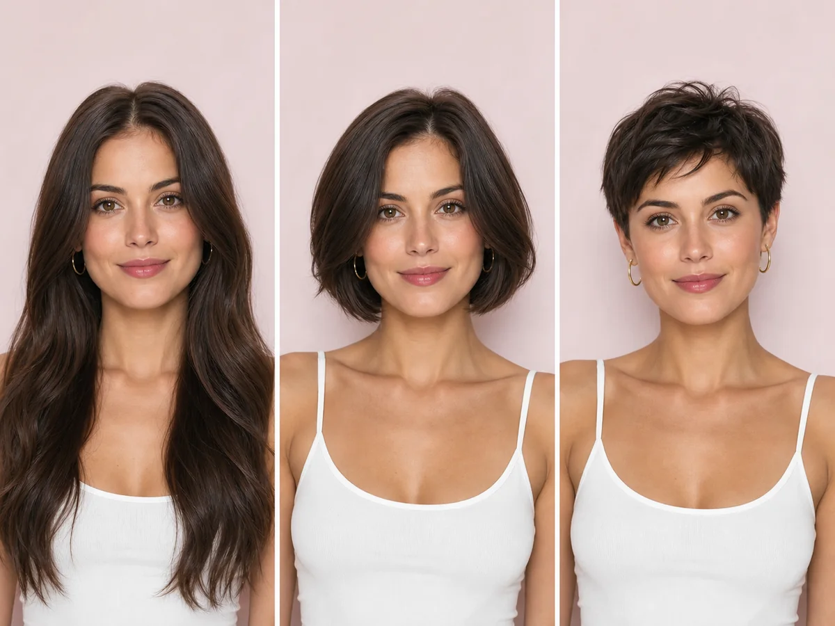 AI comparison of long hair, a bob, and a pixie cut on one synthetic model
