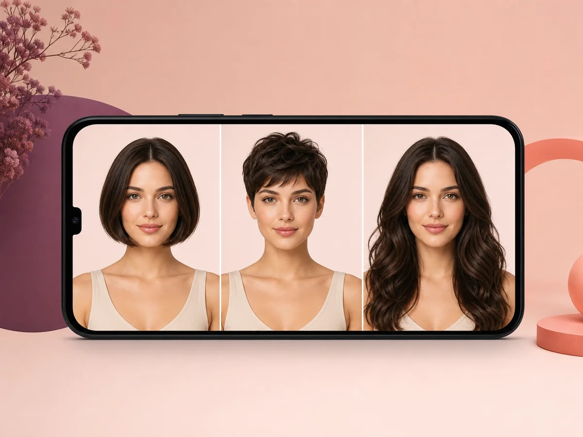 Virtual hairstyle simulator comparing three hair directions on a synthetic person