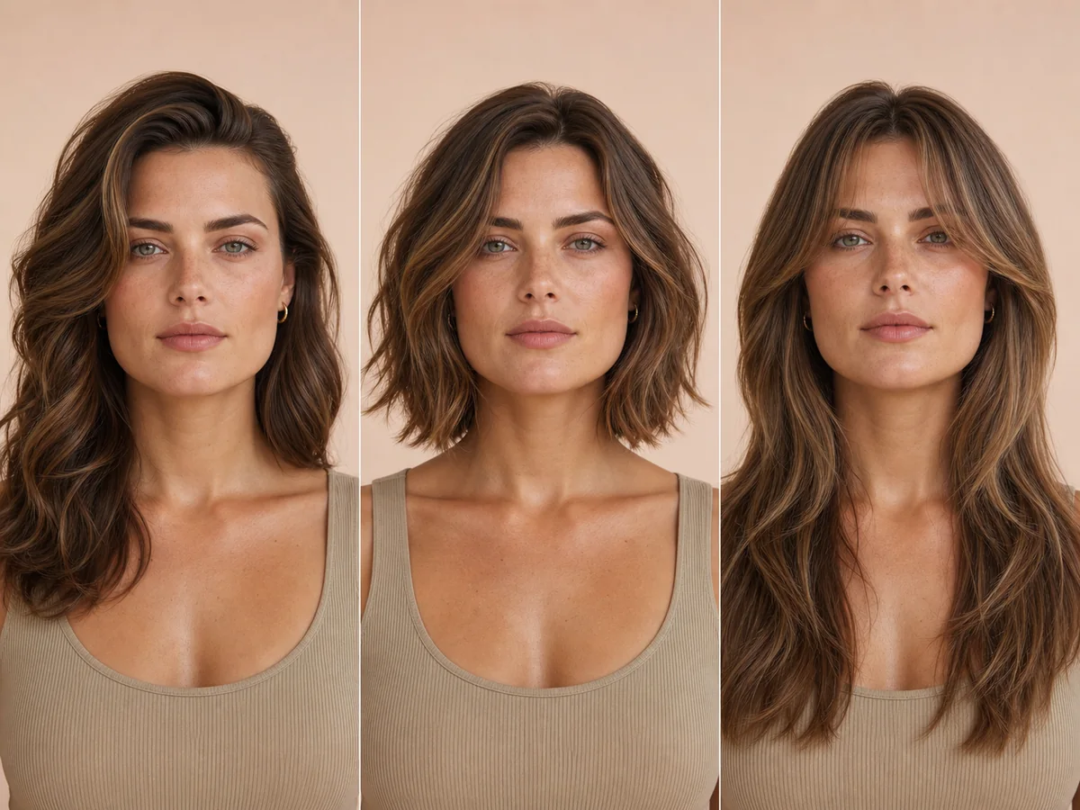 AI previews comparing soft layers and structured short hair for a square face