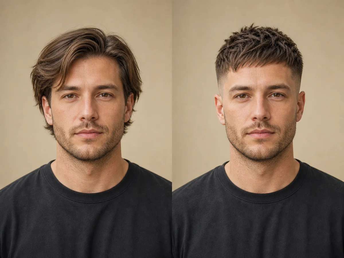 AI preview of a textured crop haircut with short fringe and tapered sides