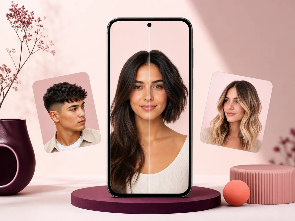 AI hairstyle try-on showing one synthetic person before and after a modern haircut
