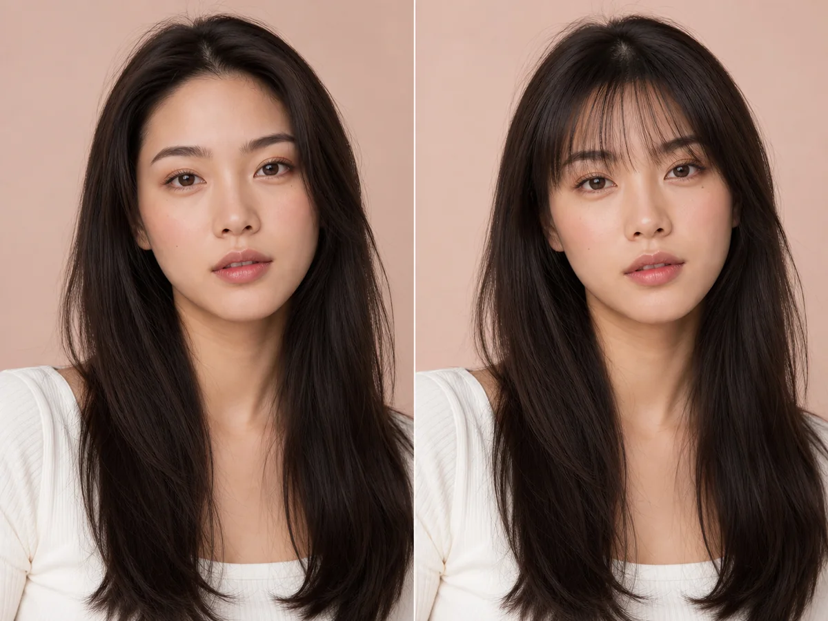 AI preview of light wispy bangs with the original face kept recognizable